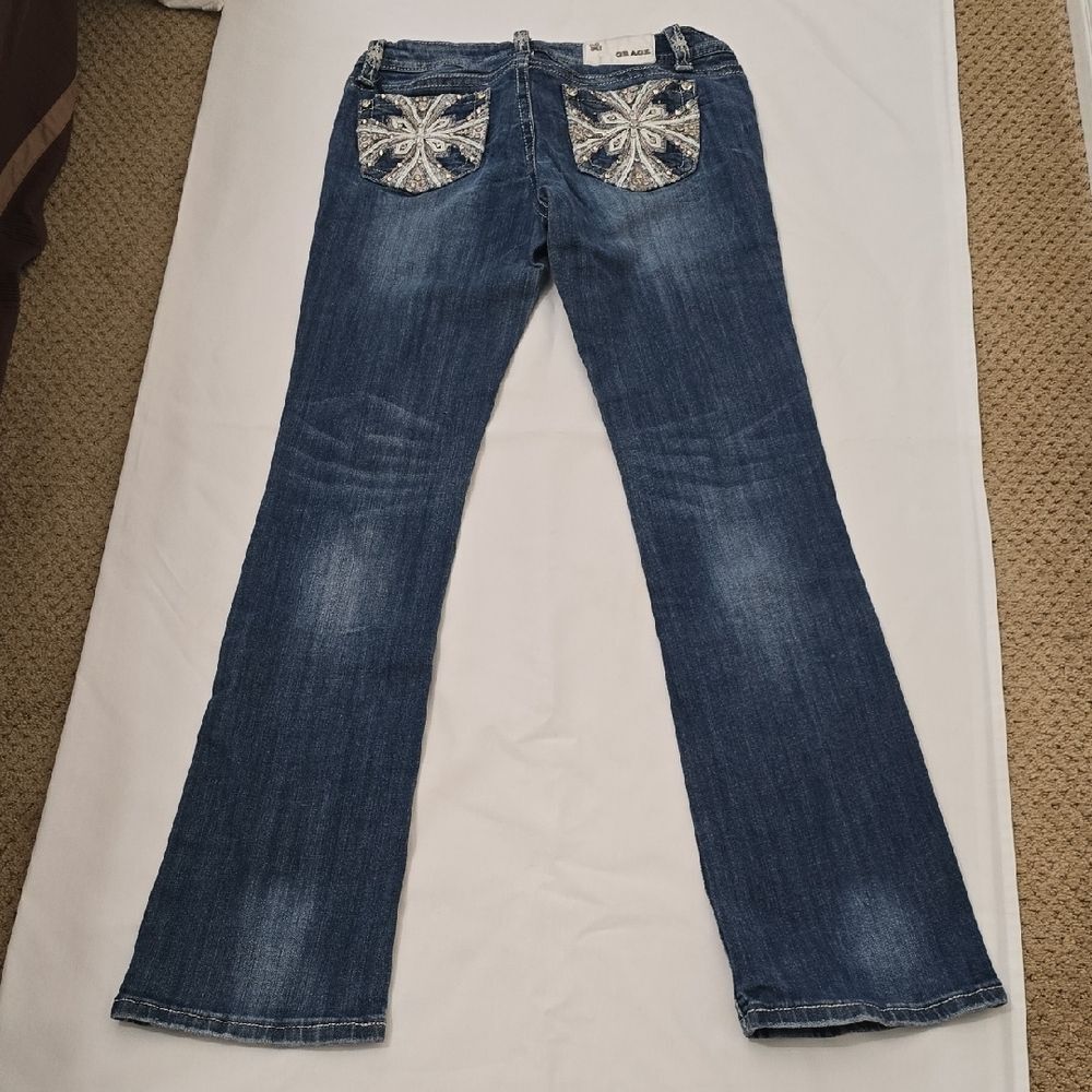 Grace in LA‎ Dark Blue Flare Jeans with Silver Embellishments 28